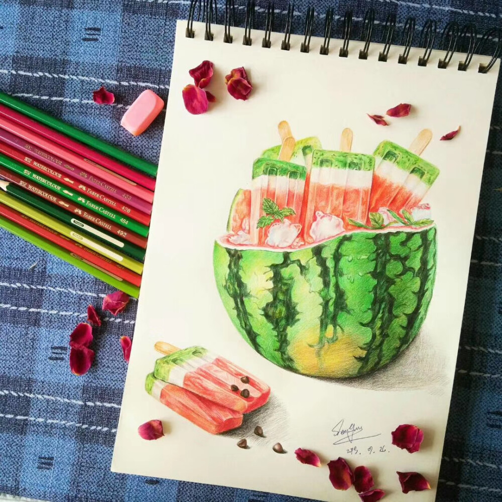 西瓜 冰棍 彩铅 手绘 食物 美食 铅笔 画画 临摹