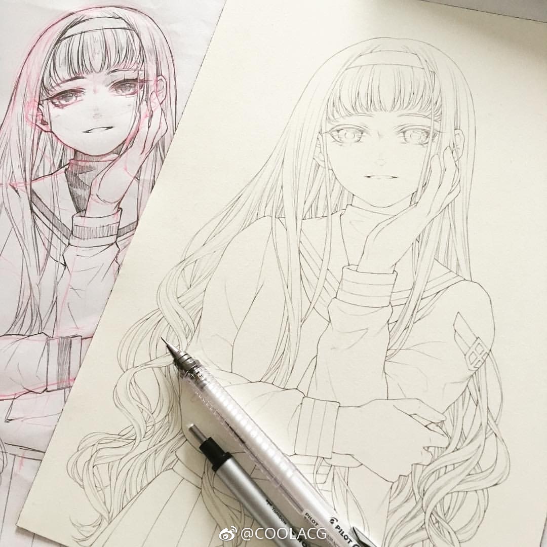 人物黑白动漫素材插画绘画线稿手绘女生男生长发短发转载