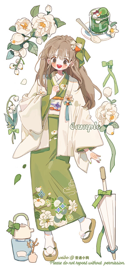 和服少女插画 壁纸 by:普通小狗