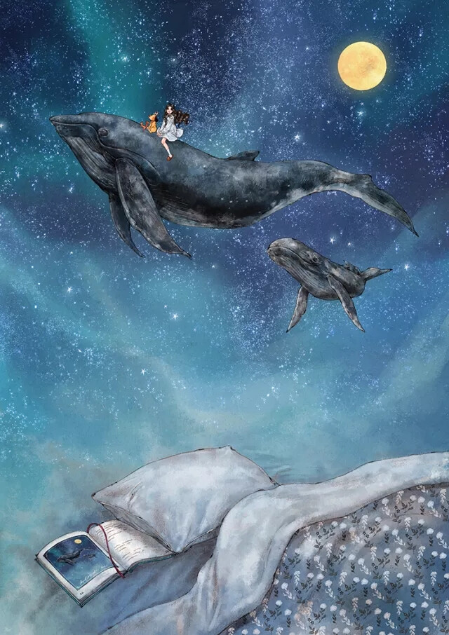 我穿过夜空无数闪闪发光的星星～从梦中醒来,看见枕头边画册上的鲸鱼