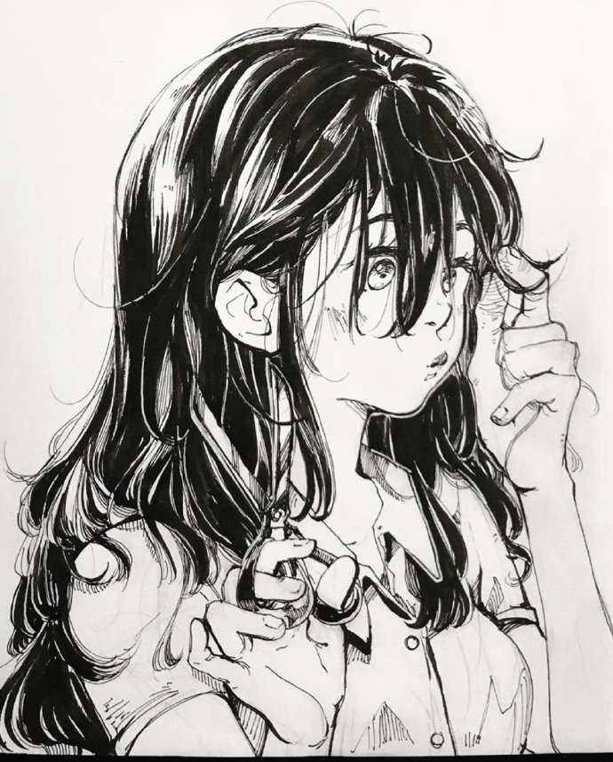 人物黑白动漫素材插画绘画线稿手绘女生男生长发短发转载二次元