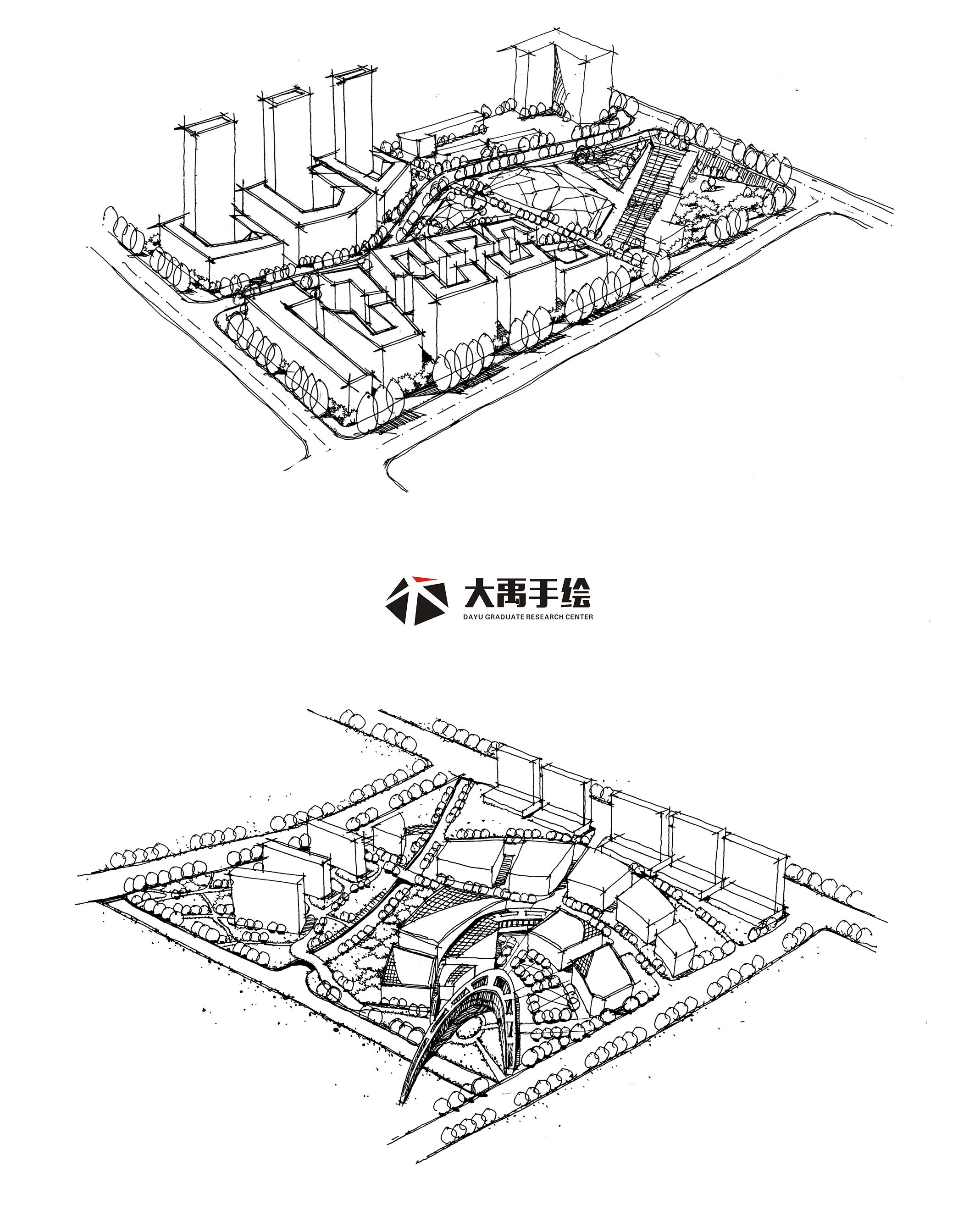 大禹手绘-规划手绘临摹图:单体材质,鸟瞰图,钢笔画