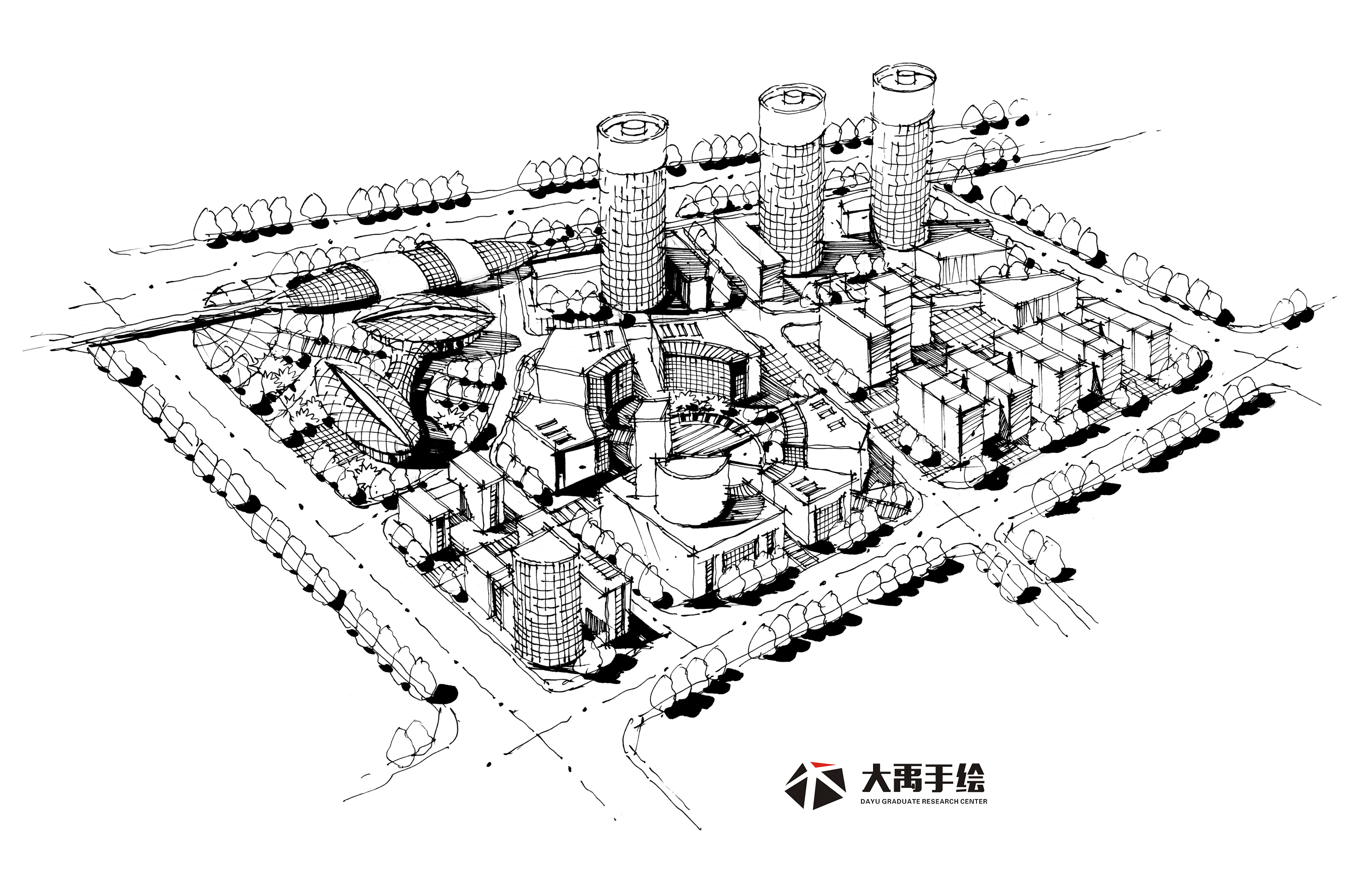 大禹手绘--规划手绘临摹图:单体材质,鸟瞰图,钢笔画