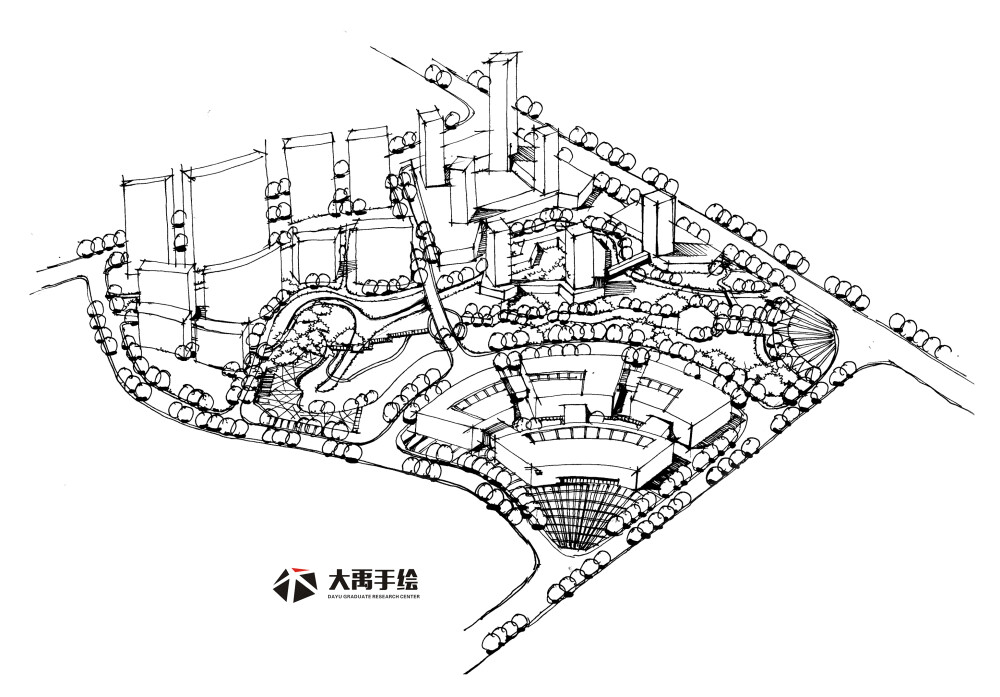 大禹手绘--规划手绘临摹图:单体材质,鸟瞰图,钢笔画