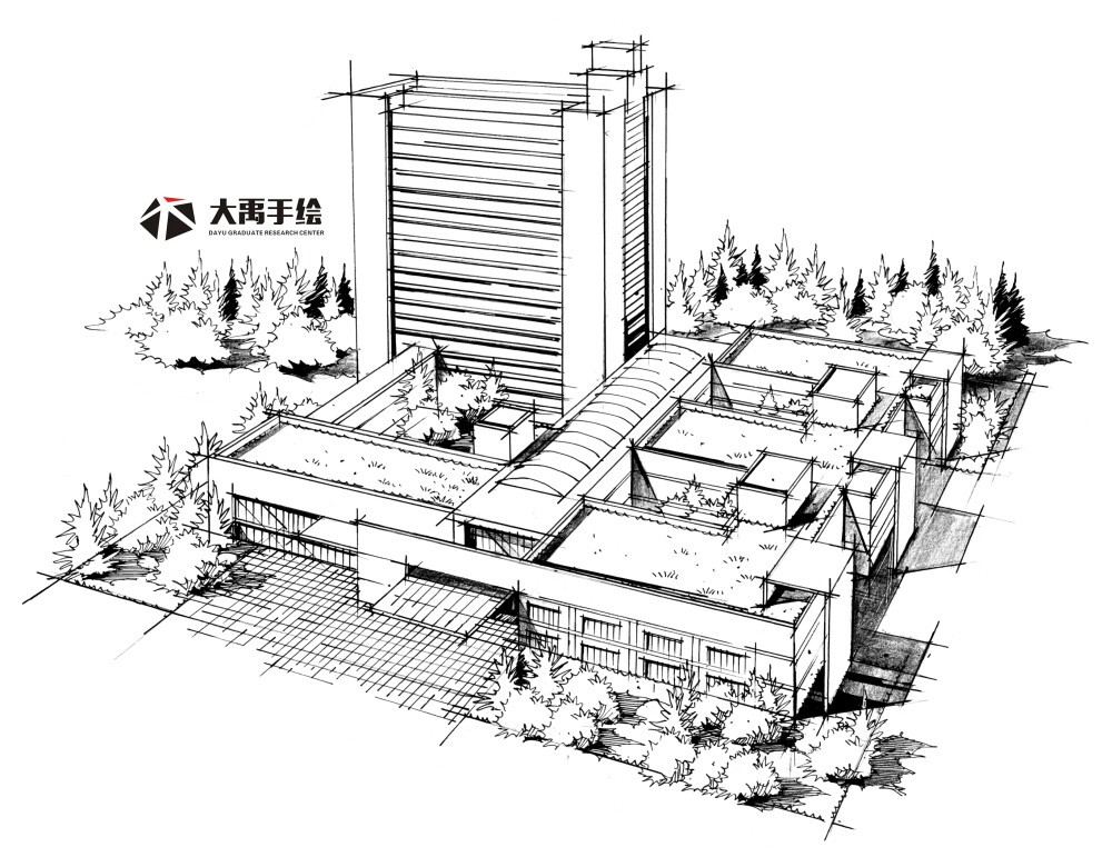 大禹手绘--规划手绘临摹图:单体材质,鸟瞰图,钢笔画