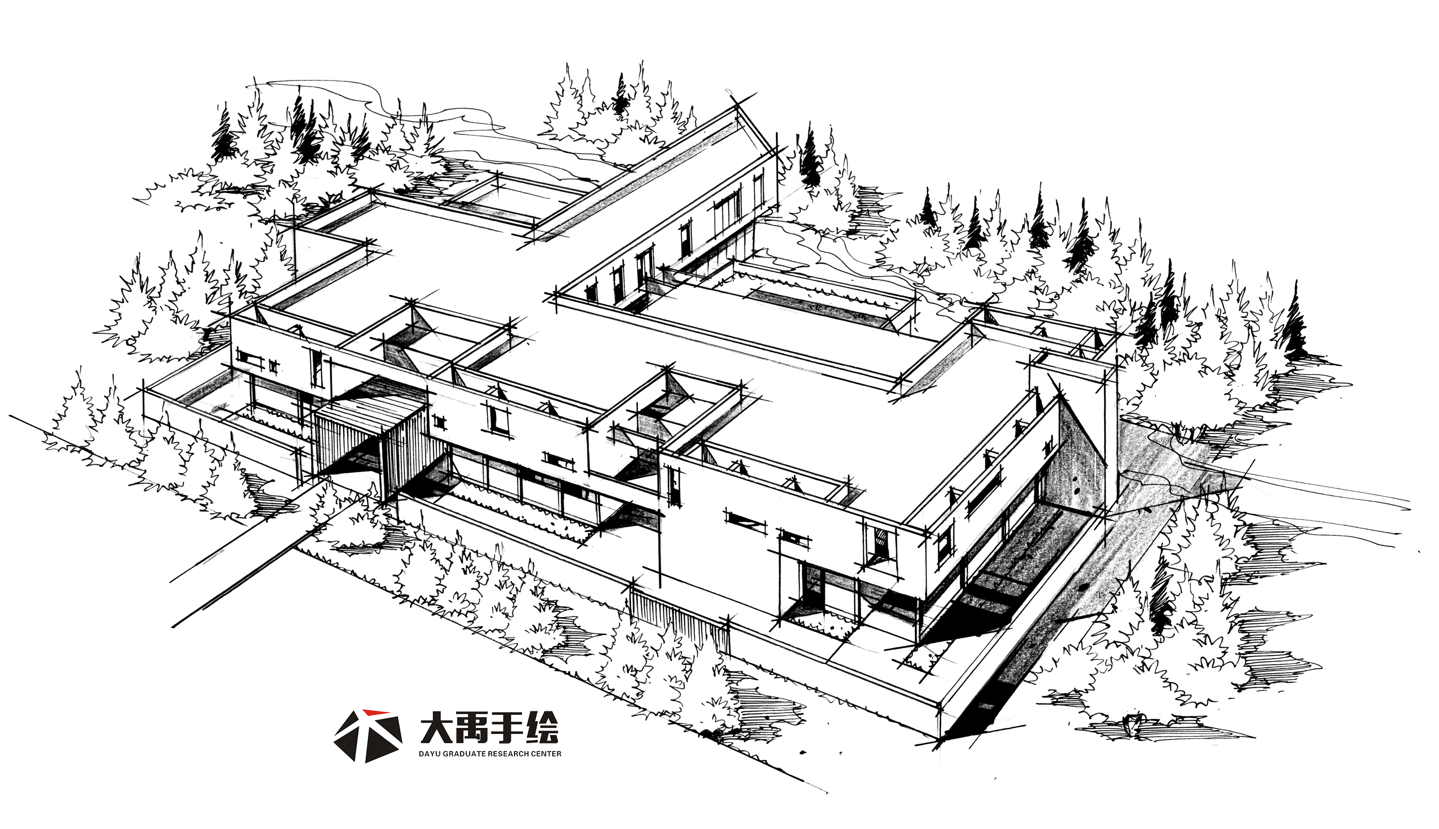 大禹手绘--规划手绘临摹图:单体材质,鸟瞰图,钢笔画