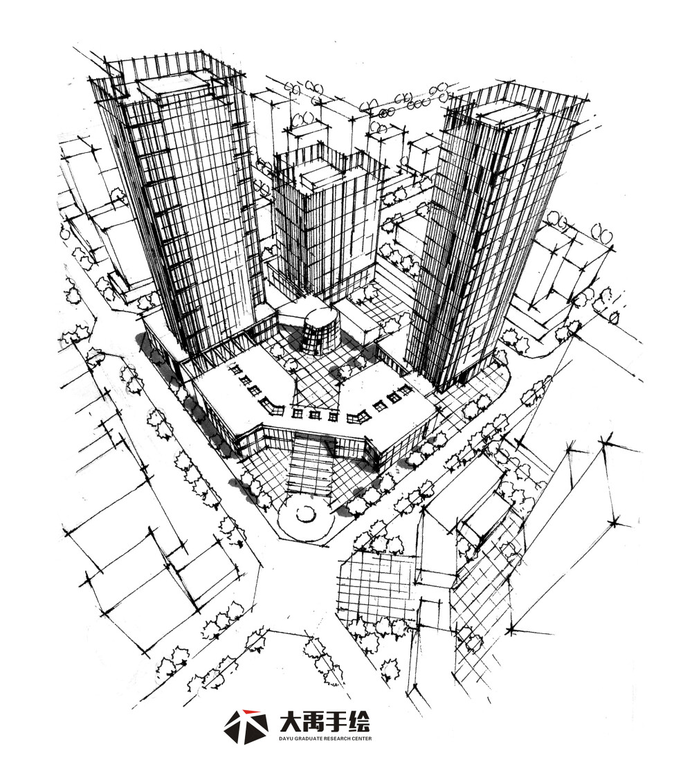 大禹手绘--规划手绘临摹图:单体材质,鸟瞰图,钢笔画