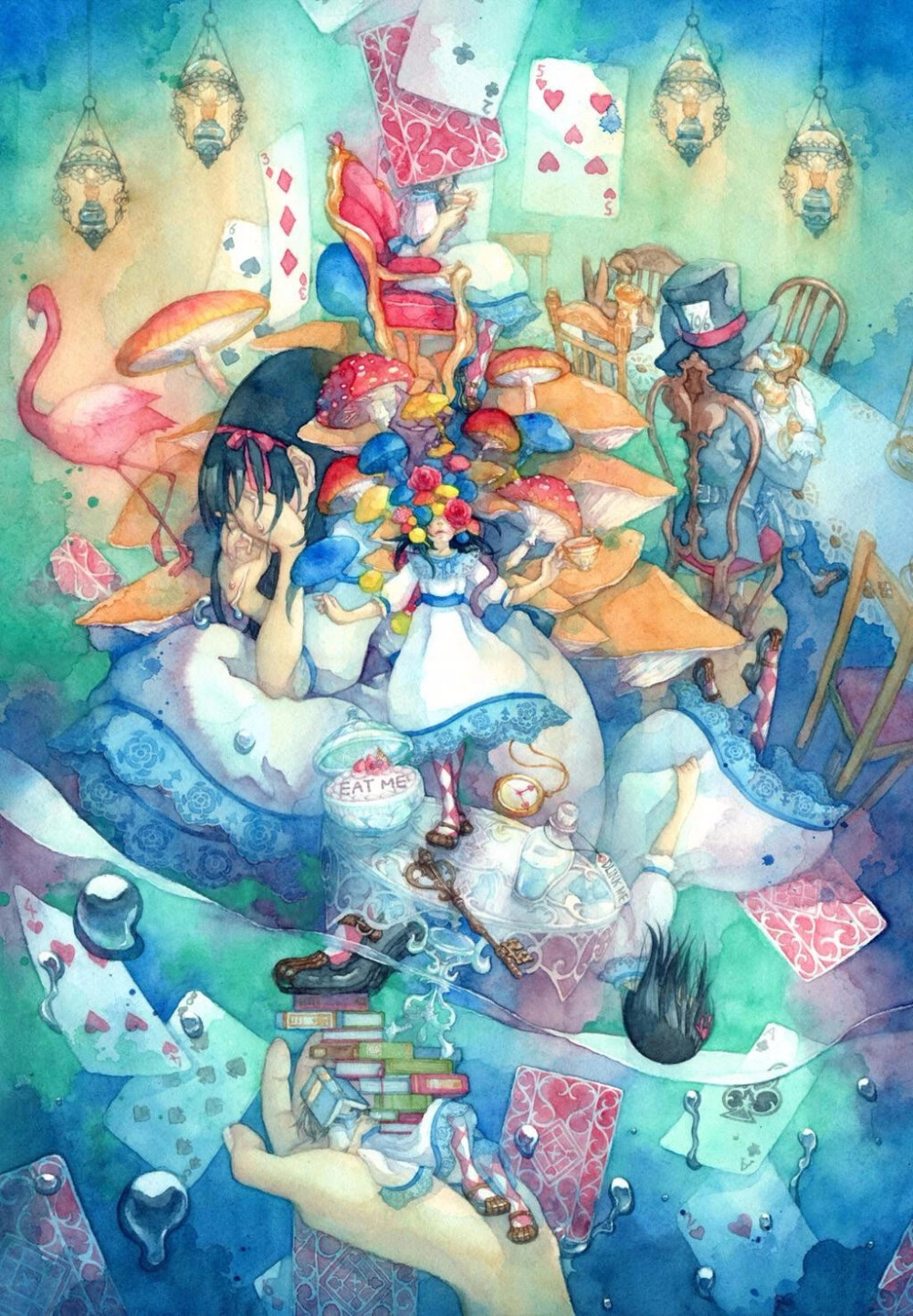一系列的水彩画作品中,将日本文化的新老元素注入到「 爱丽丝梦游仙境