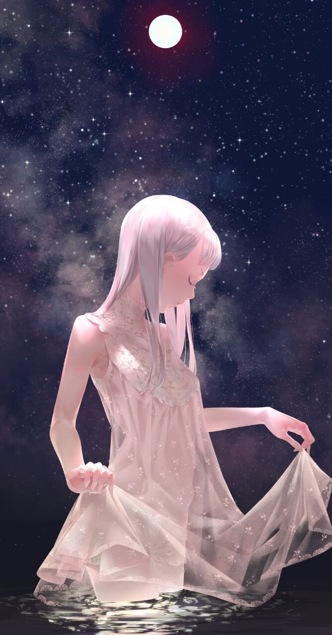 二次元 少女 白发 白裙 水 星空 唯美 意境 壁纸 画师:爽々