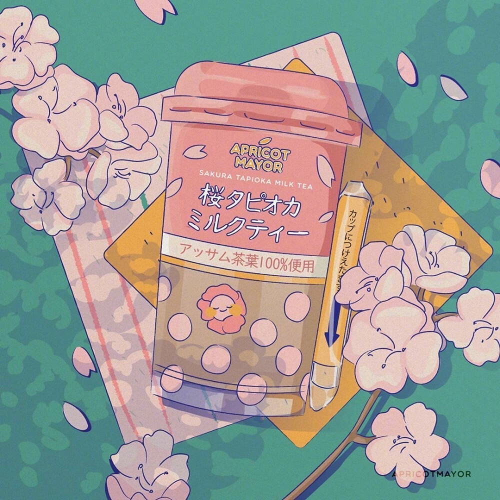 插画师 apricot mayor 插画中的樱花与零食头像 封面 背景 樱花 粉色