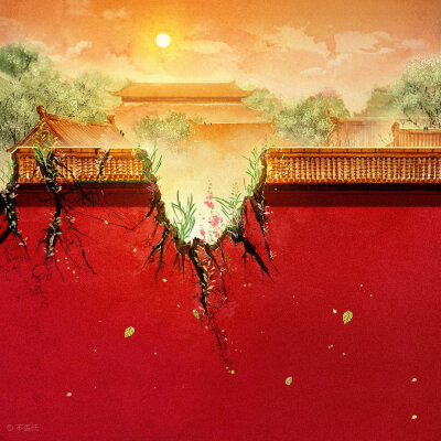 故宫 红墙 手绘 水彩